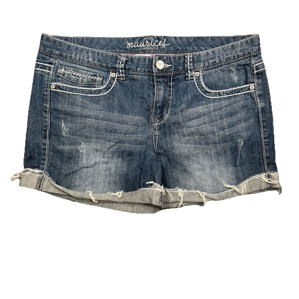 Maurices Shorts Juniors 11/12 Blue Mid Rise Distress Cuffed Measures W35
